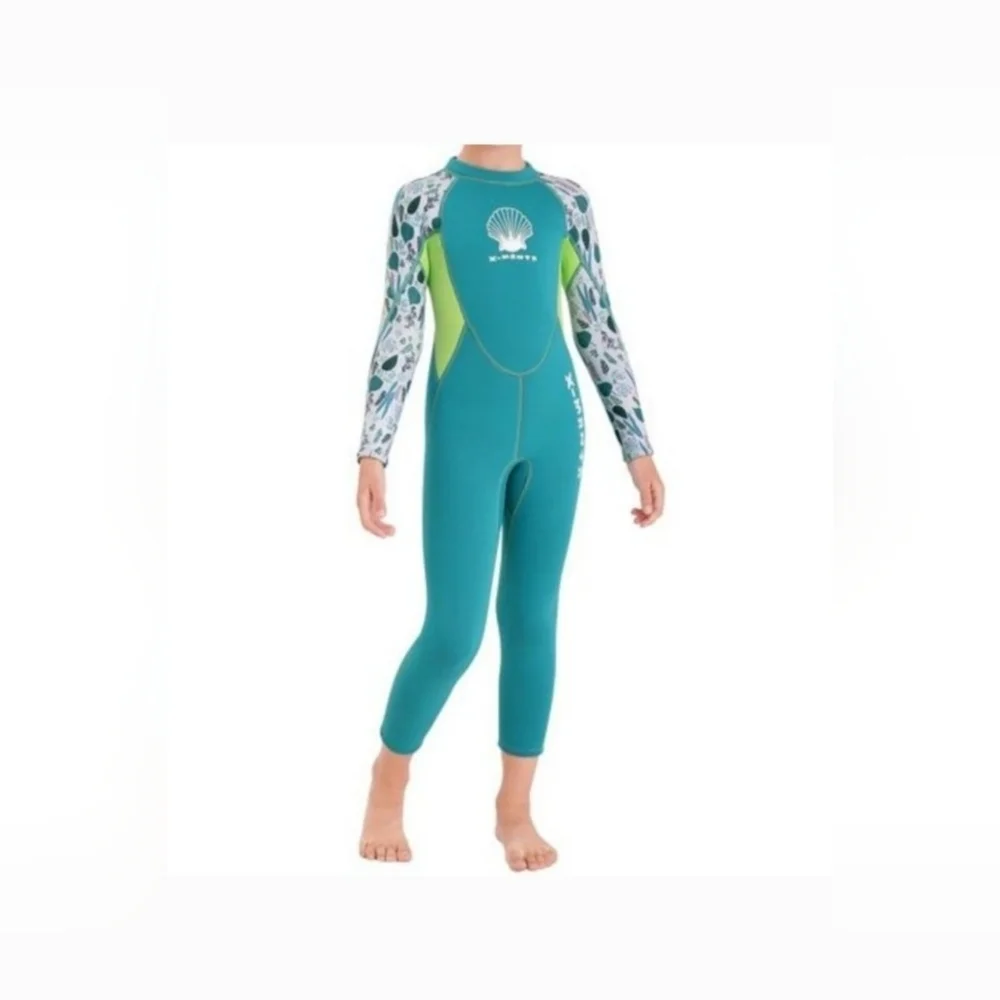 Kids Swim Wetsuit in Teal and Lime Green X Manta Long Sleeve Diving Swimsuit